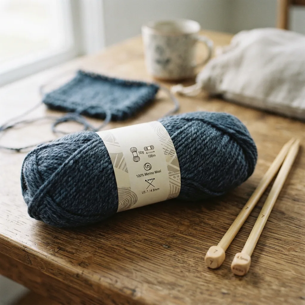 A yarn label showing weight details and recommended needle size next to knitting needles.