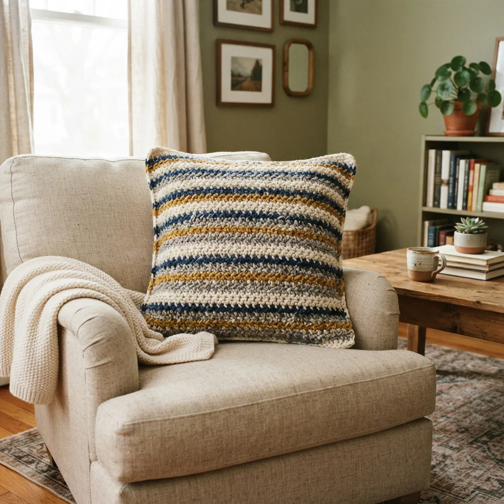 A crocheted pillow with a striped texture from Textured Twist yarn on a sofa.