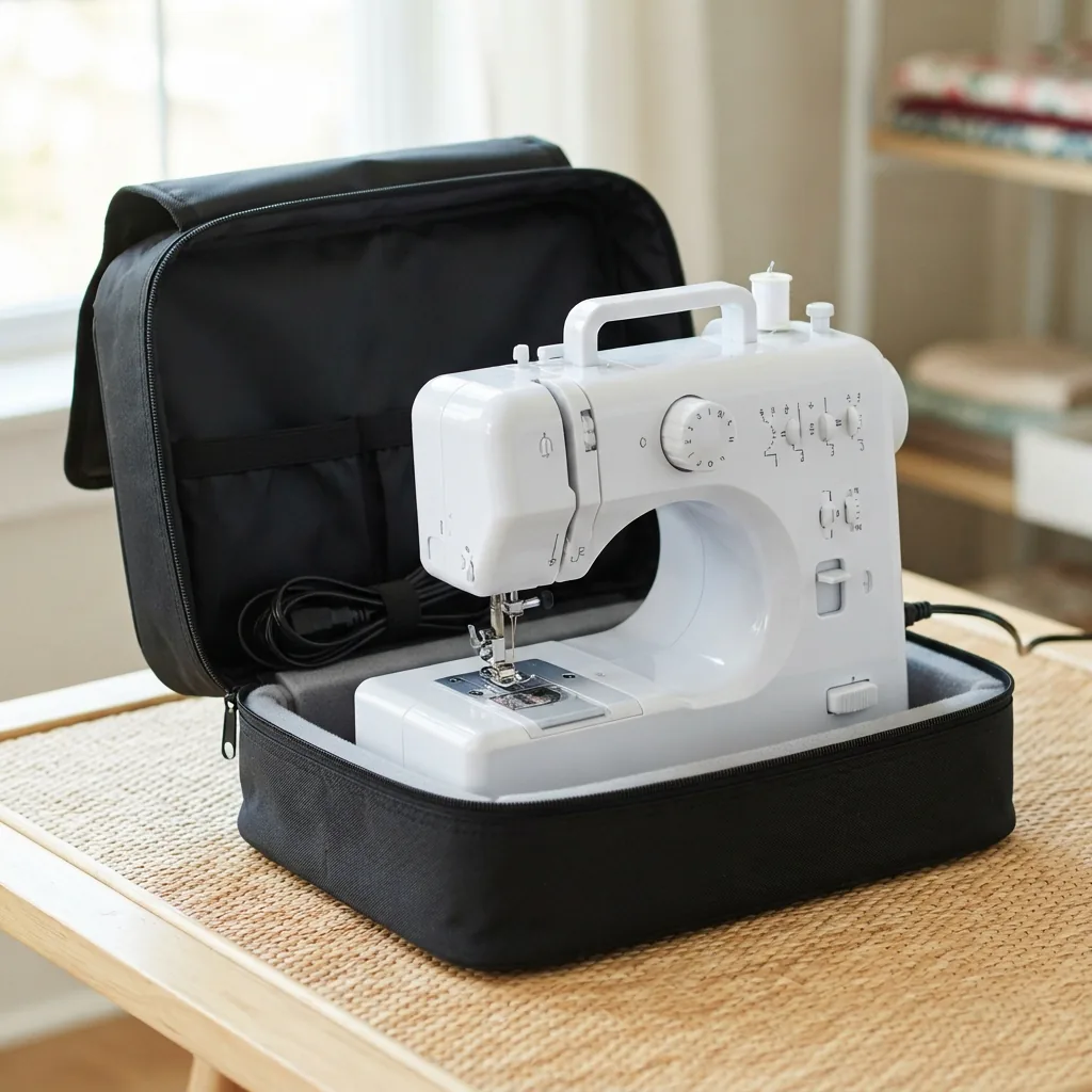 A compact sewing machine partially placed inside an open, black zippered carrying case.