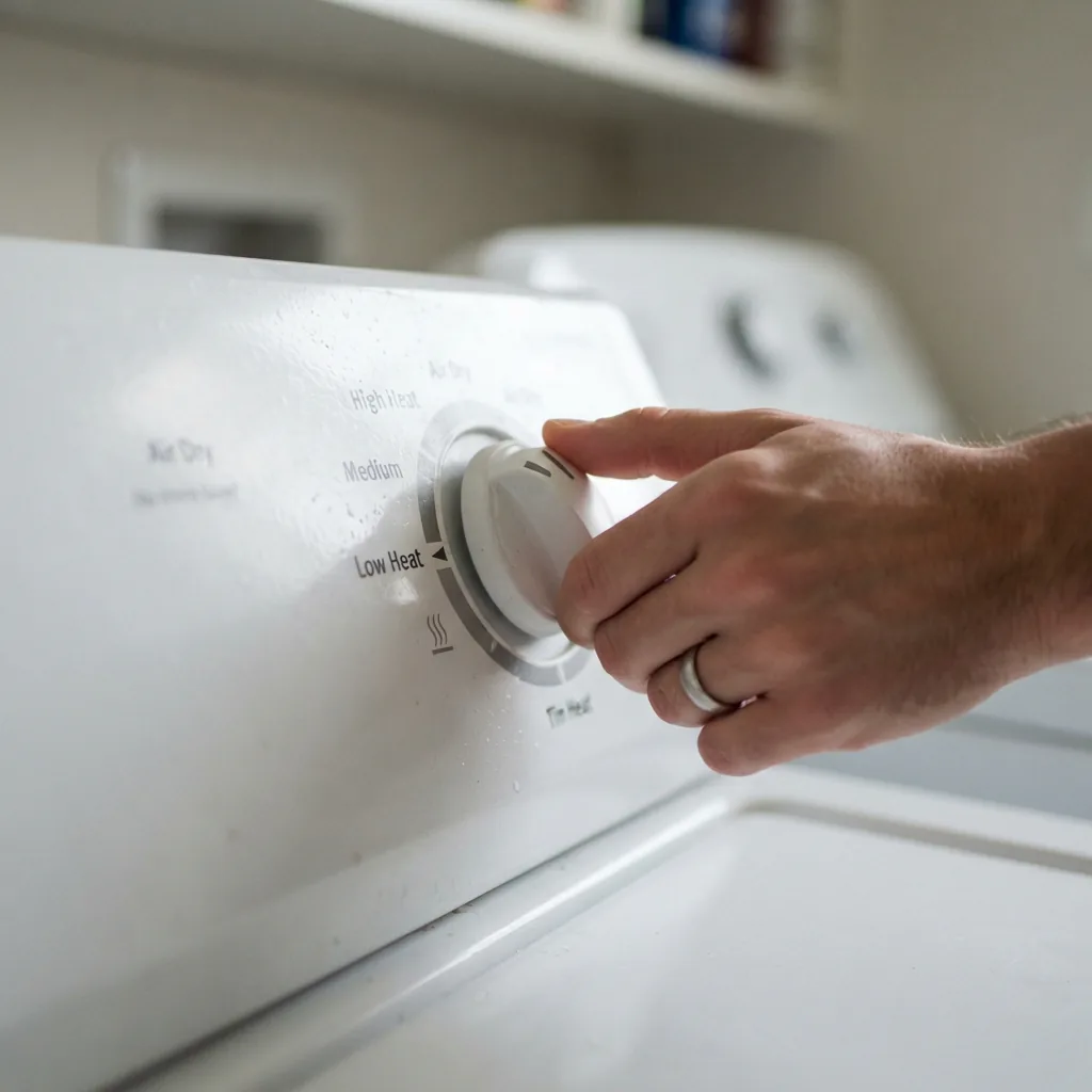 A hand setting the dial on a clothes dryer to the 'Low Heat' or 'Delicate' setting.