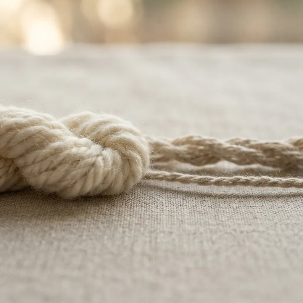 A comparison of yarn strands showing different thicknesses for Aran and Sport weight yarn.
