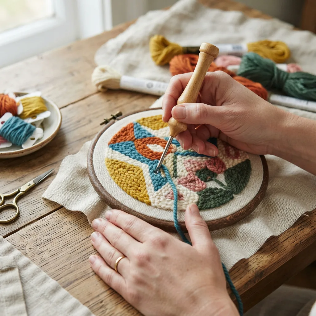 Hands holding a punch needle tool, working on a small, colorful project in a hoop.