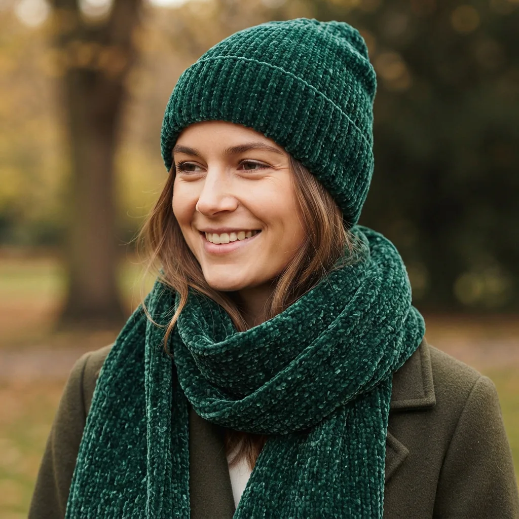 A person wearing a matching chenille scarf and hat set in a deep jewel tone.