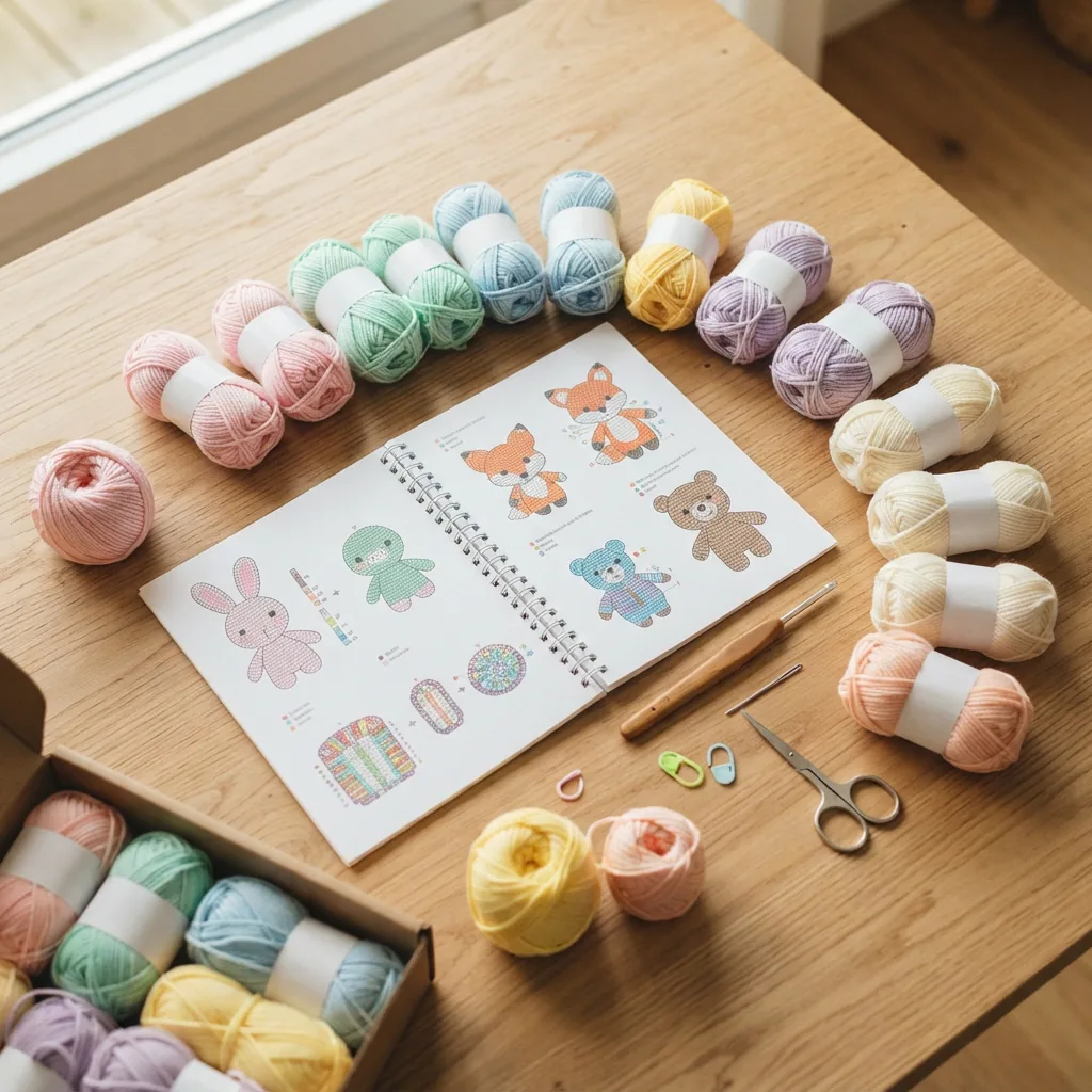 The Loops & Threads Amigurumi Animals Kit with its pattern booklet and yarn bundles.