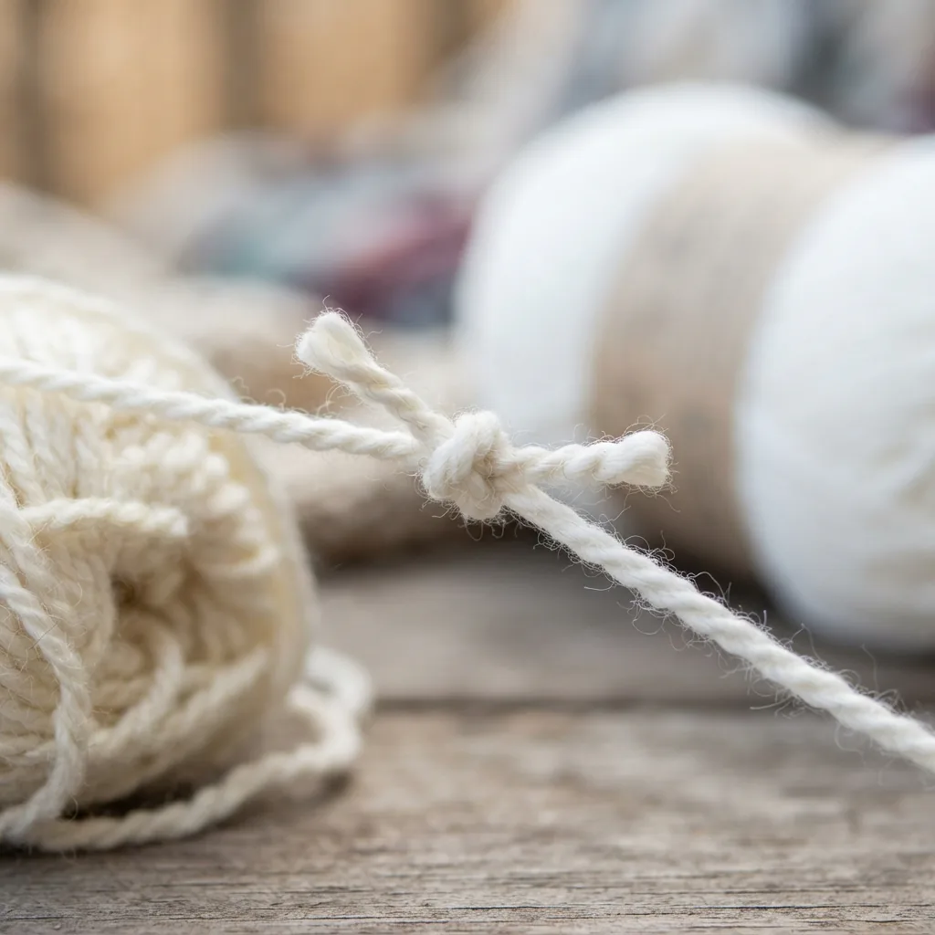 A close-up demonstrating how to join a new skein of white yarn to the working yarn.