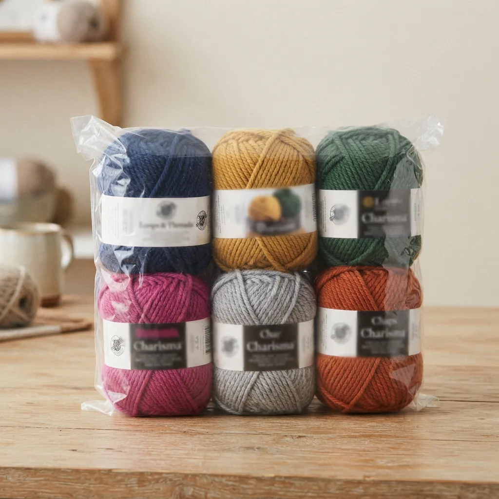 A second bulk package containing six skeins of Loops & Threads Charisma Yarn in various solid colors.