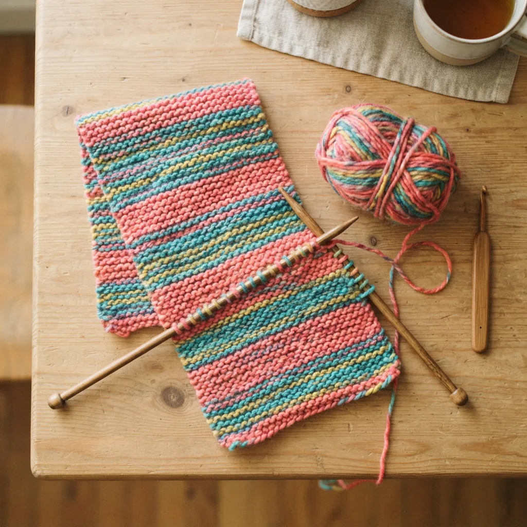 A beginner's simple, colorful scarf project made with Impressions yarn lying on a crafting table.