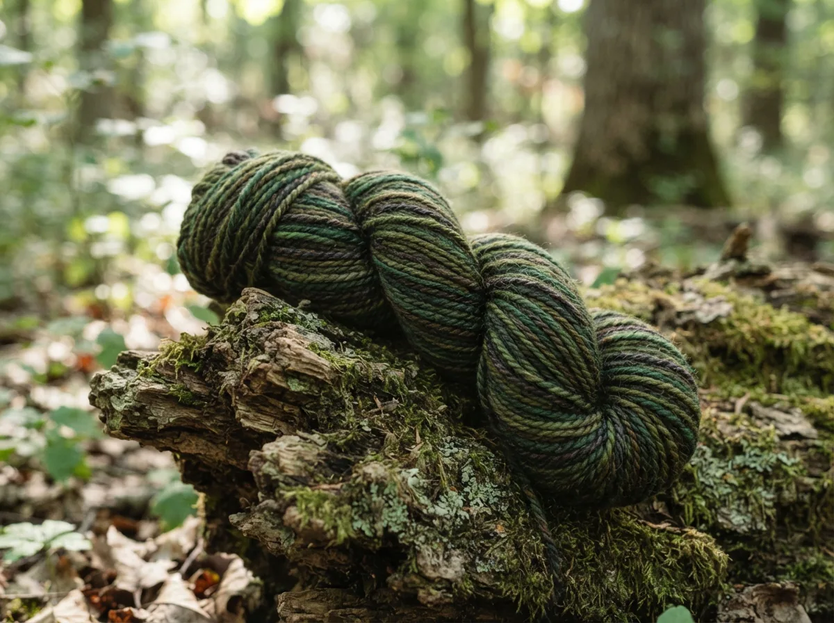 A prominent feature image of a skein of Loops & Threads Multi Marled yarn in Forest Hike, draped over a log.