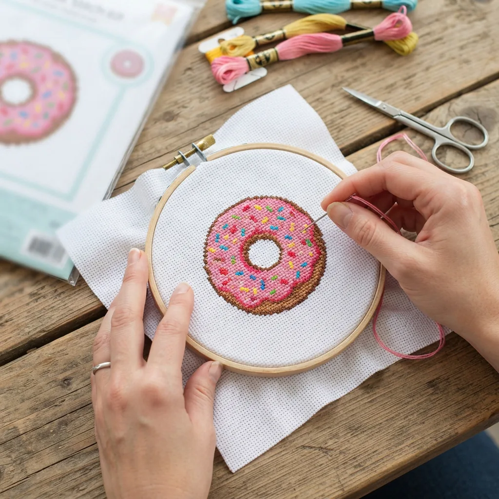 A close-up of a hand stitching a colorful sprinkle donut design on an aida cloth.
