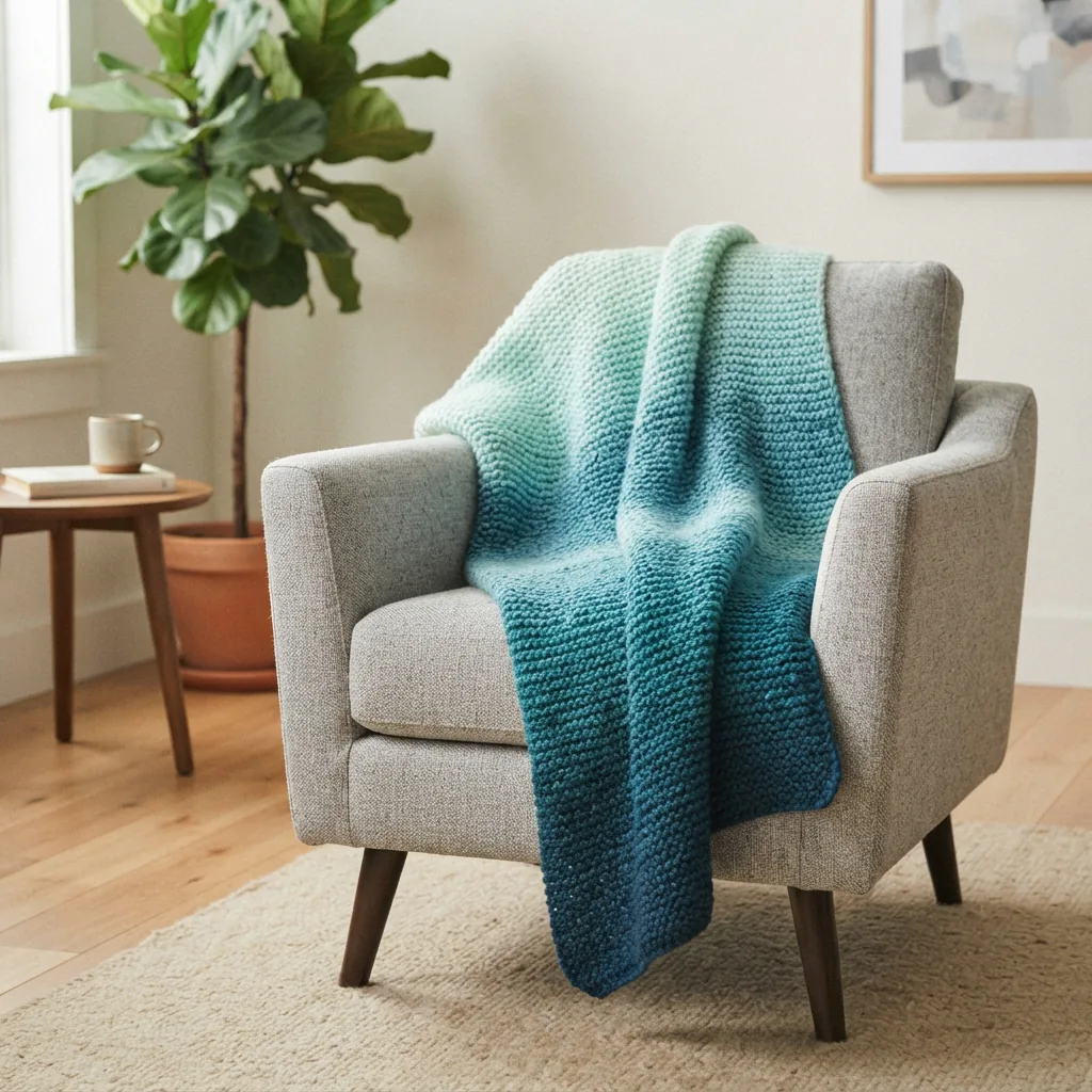 A knit ombre throw blanket in shades of blue and green, casually draped over a modern armchair.