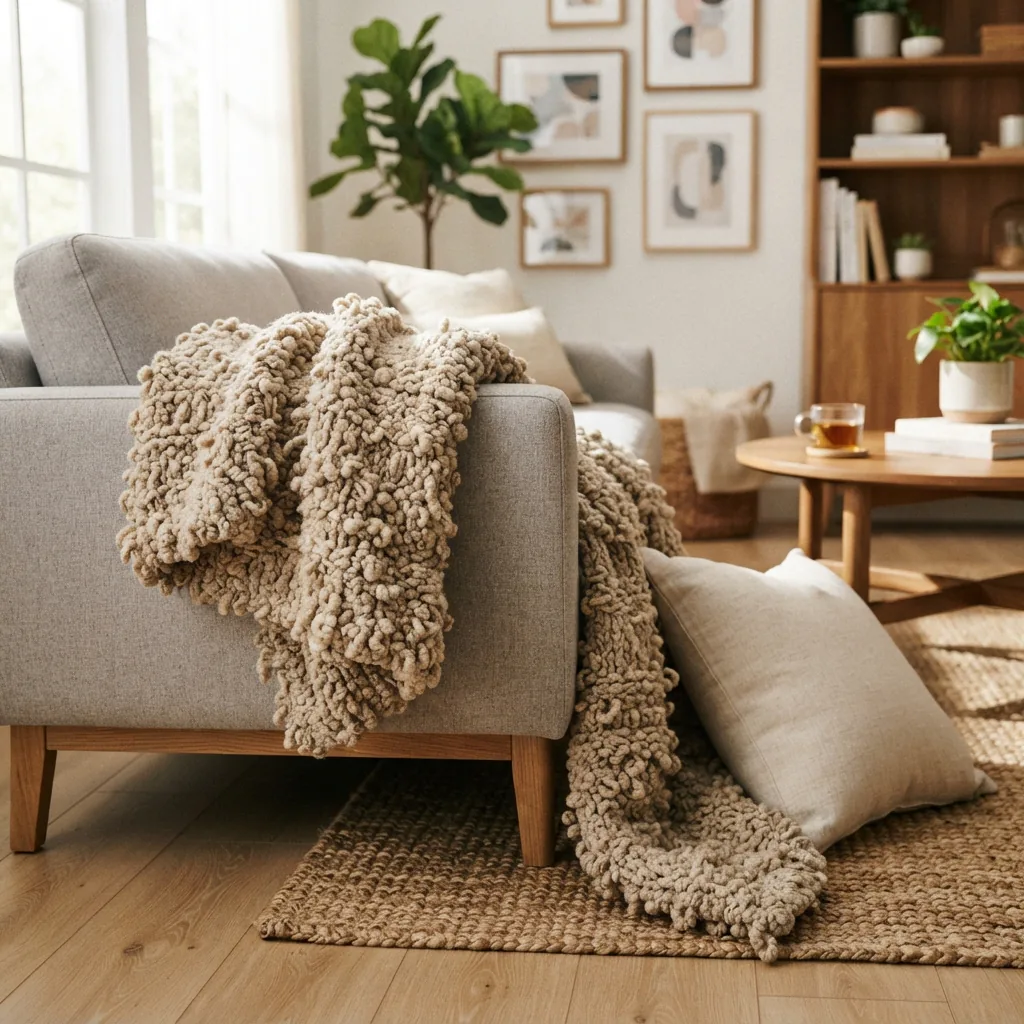A cozy, textured throw blanket draped over a couch, made with Cozy Boucle yarn.