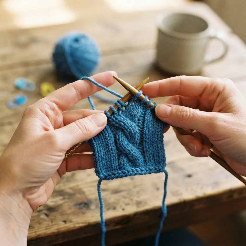 A crafter's hands practicing a cable stitch pattern on a swatch of acrylic yarn.
