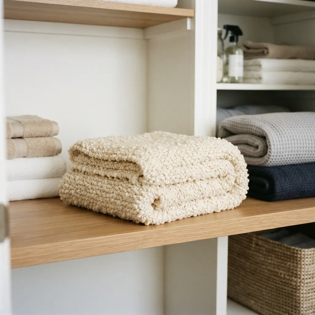 A neatly folded, finished blanket made from Cozy Boucle yarn stored in a linen closet.