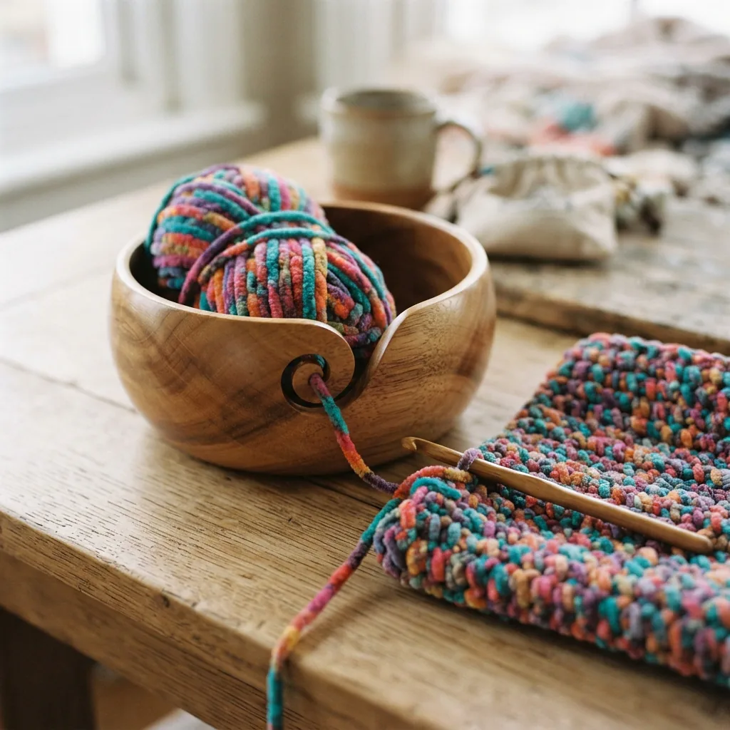 A skein of chenille yarn sitting neatly inside a yarn bowl while a crocheted project is in progress.