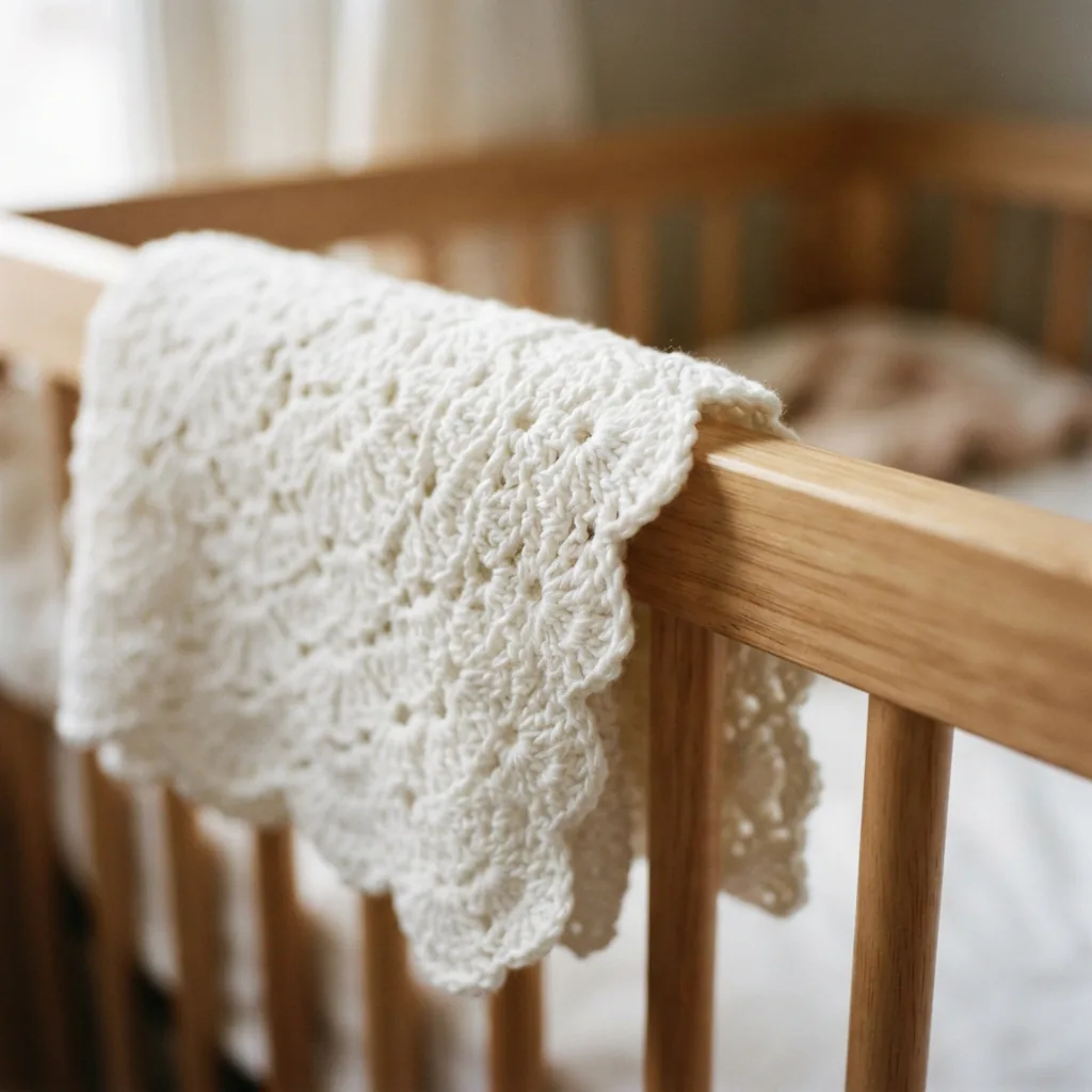 A close-up of a soft, white cotton baby blanket with a crocheted border draped over a wooden crib rail.