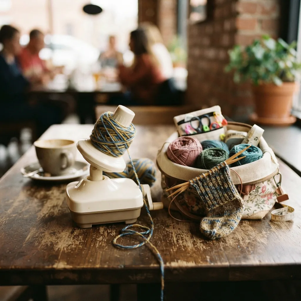 The compact yarn winder sitting on a coffee shop table next to a small project bag and a couple of wound yarn cakes.