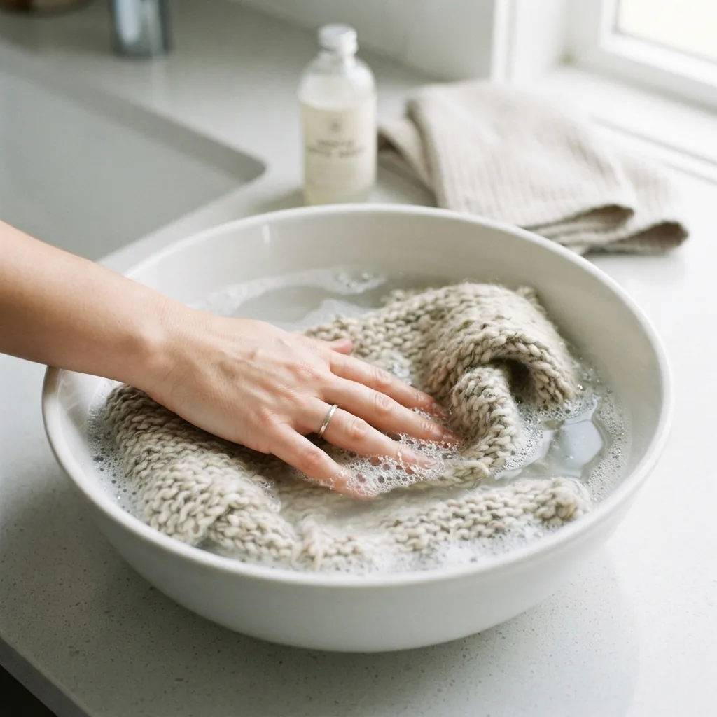 A finished scarf made with Textured Twist yarn being gently hand-washed in a basin.