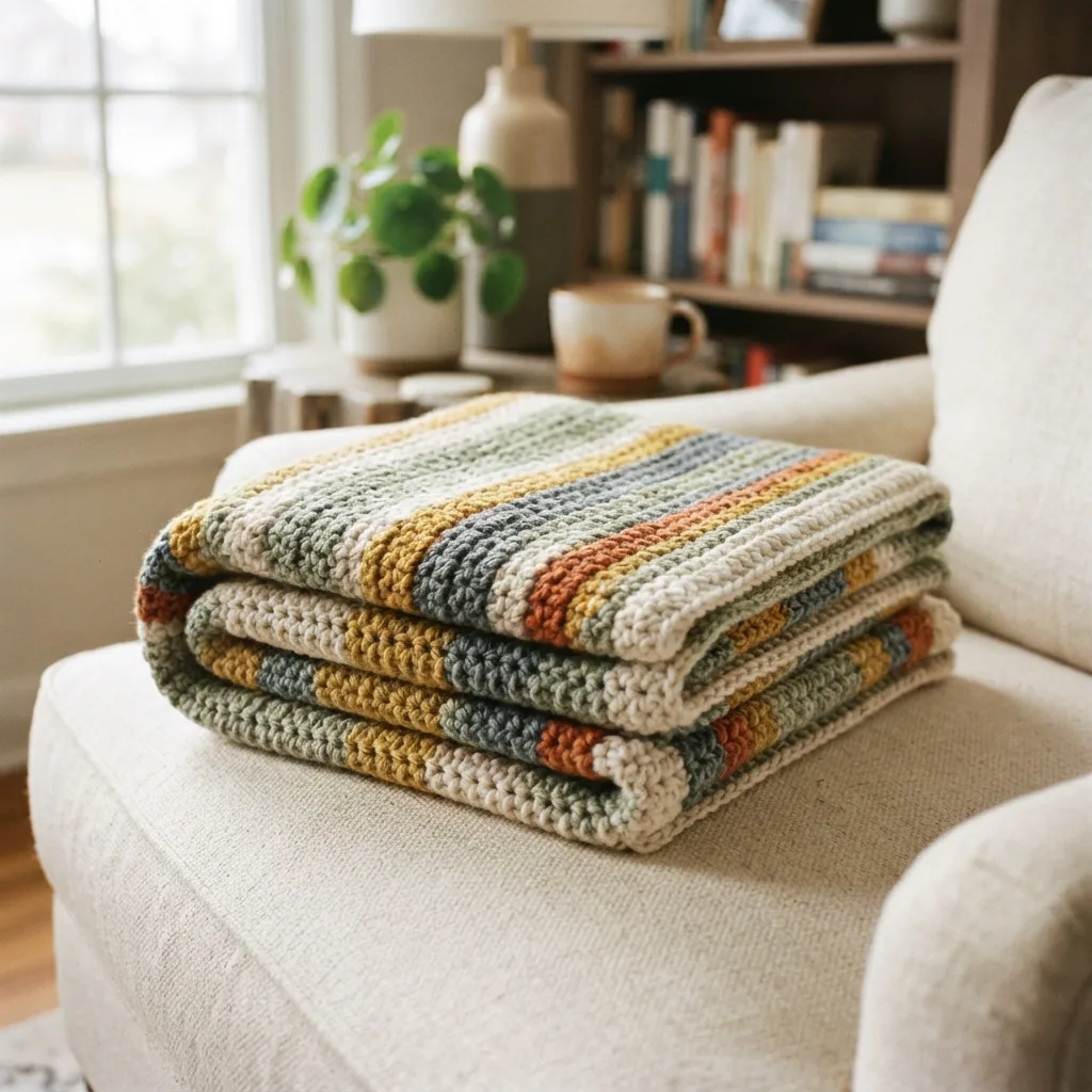 A folded, finished crochet blanket made from durable yarn.