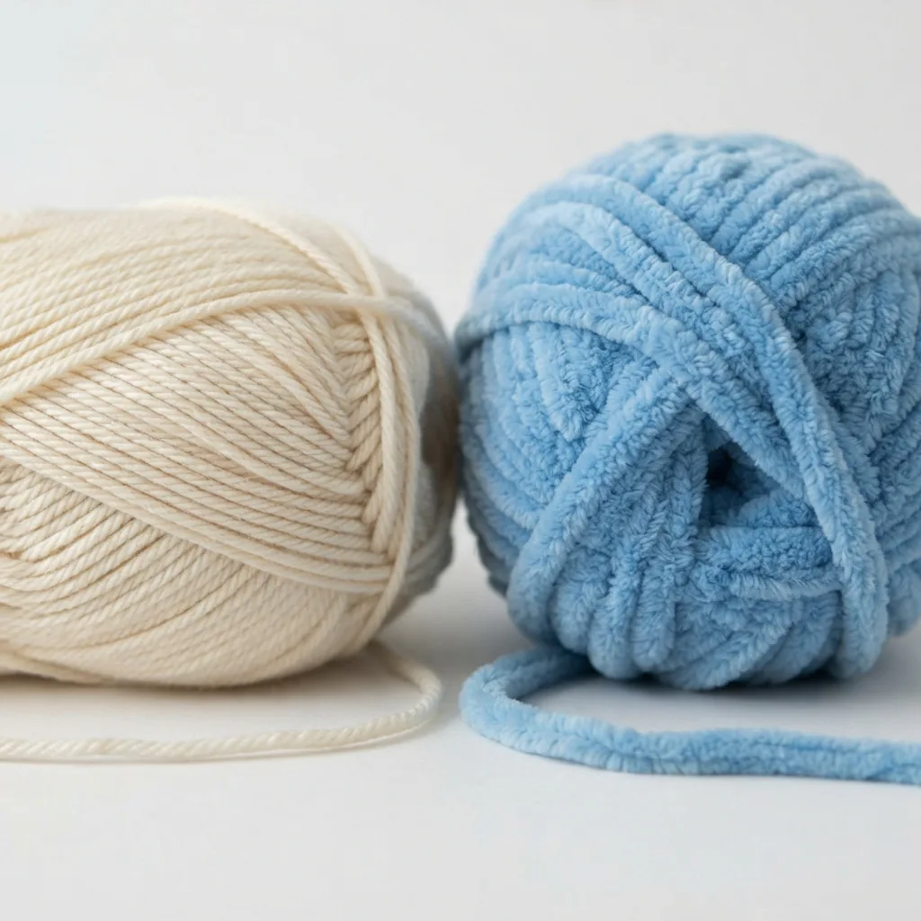 Side-by-side comparison of medium-weight and bulky yarn skeins.