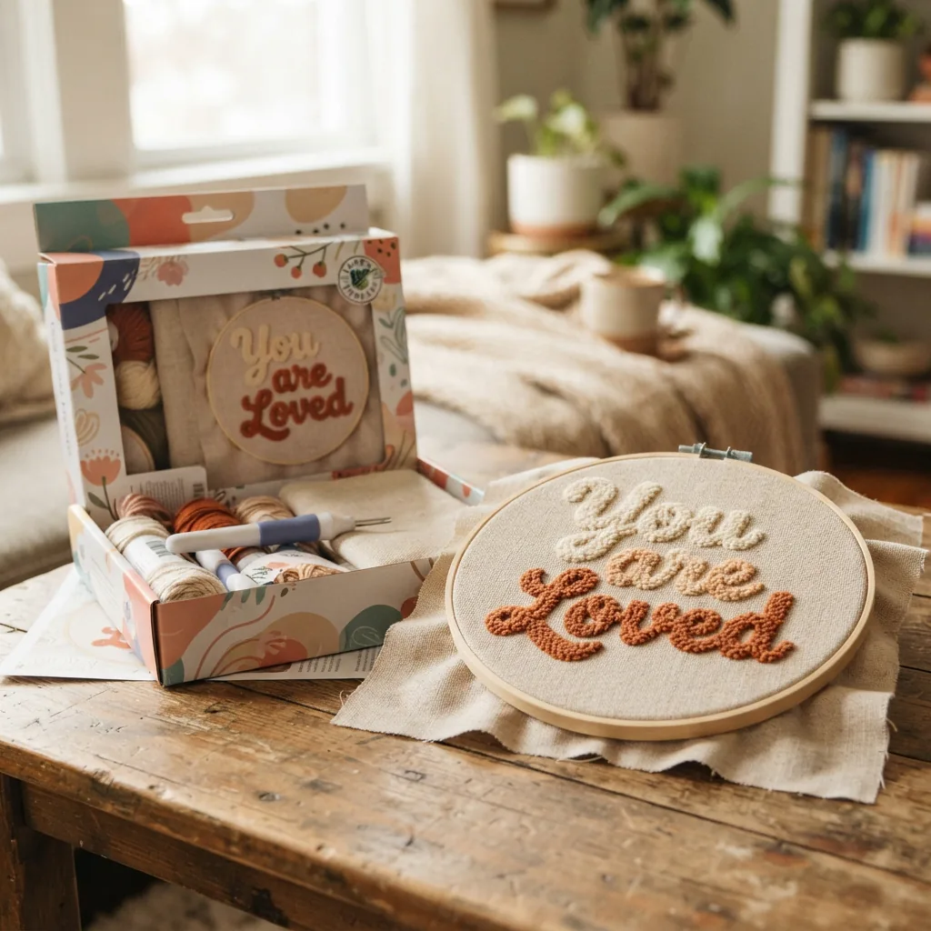 The boxed Loops and Threads Punch Needle Kit for the 'You are Loved' design, shown with the simple, completed text art piece.