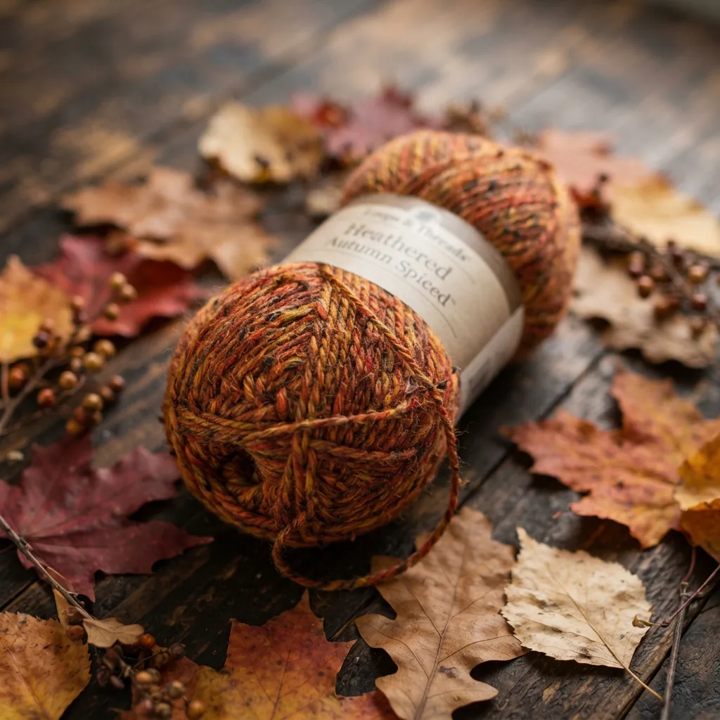 A skein of Loops And Threads Heathered Tweed Yarn in Autumn Spice surrounded by fall leaves.