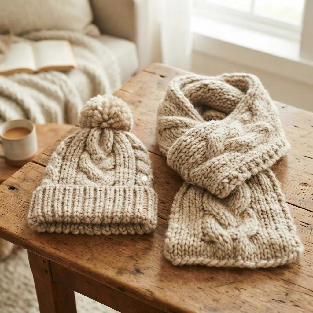 A set of matching bulky knit hat and scarf on a wooden table.