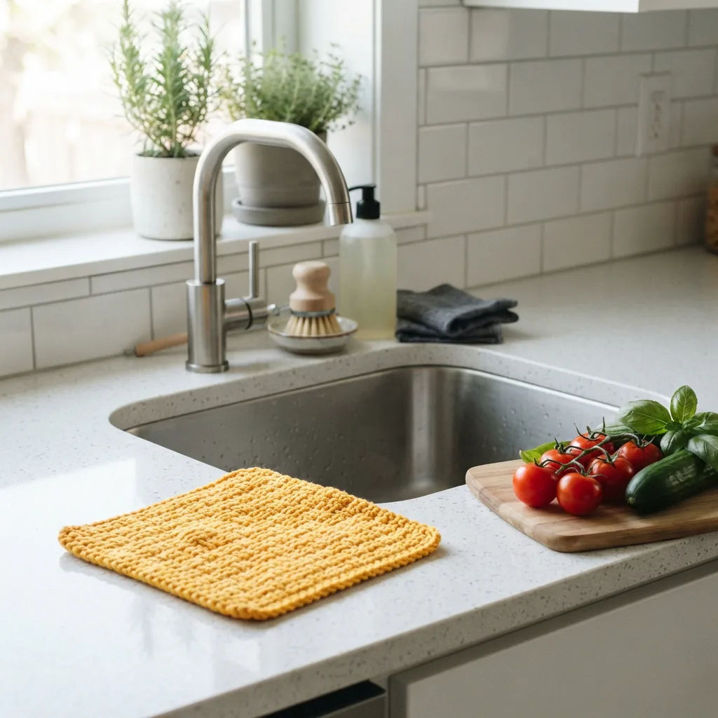 A crocheted dishcloth made from Crème Cotton yarn next to a kitchen sink.