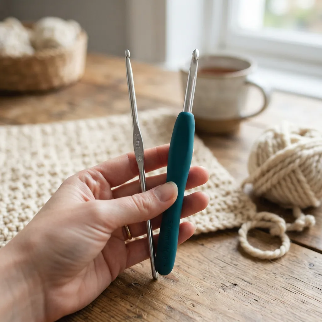 Standard and ergonomic crochet hook handles shown side by side.