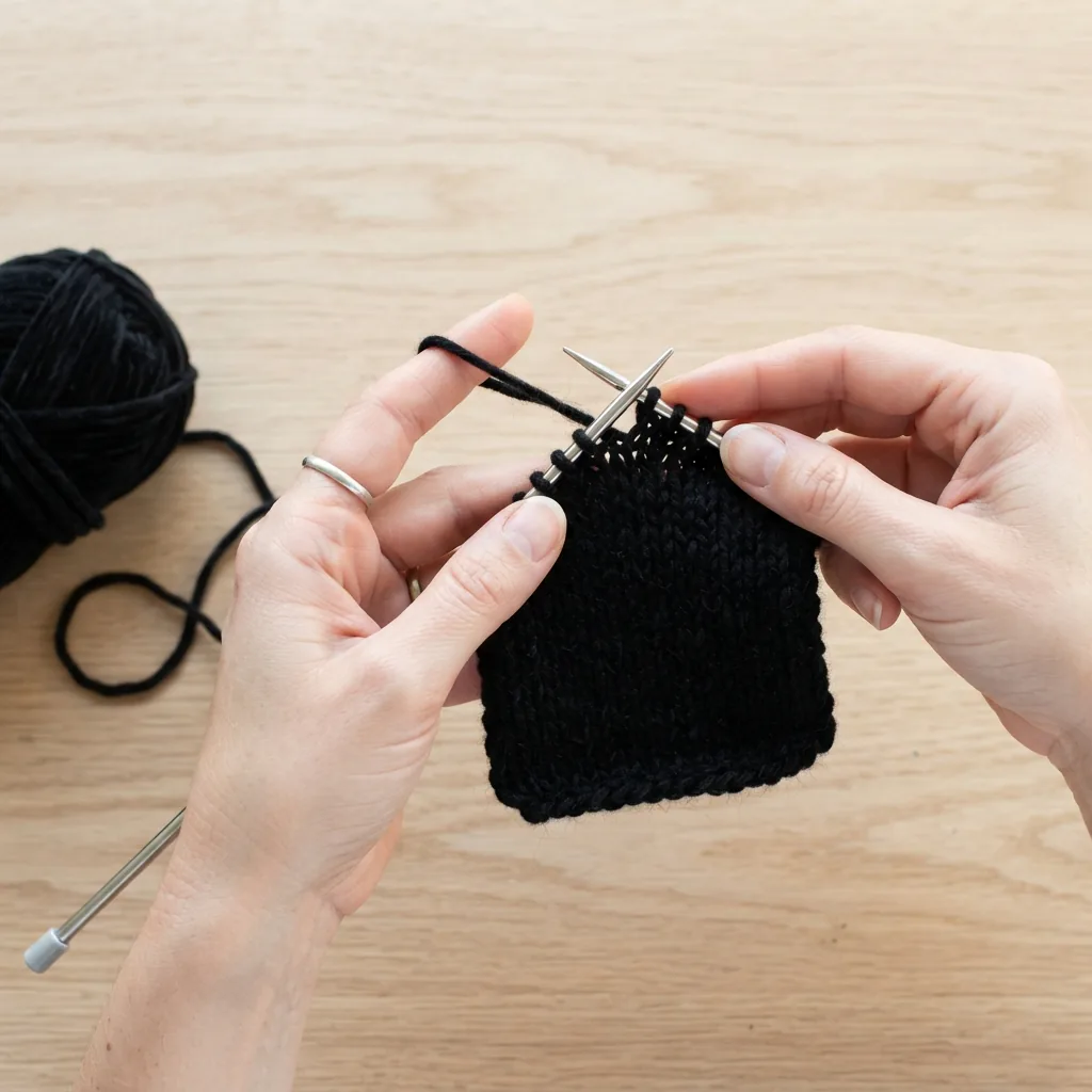 Hands are knitting a small gauge swatch with black Royal Velvet yarn.