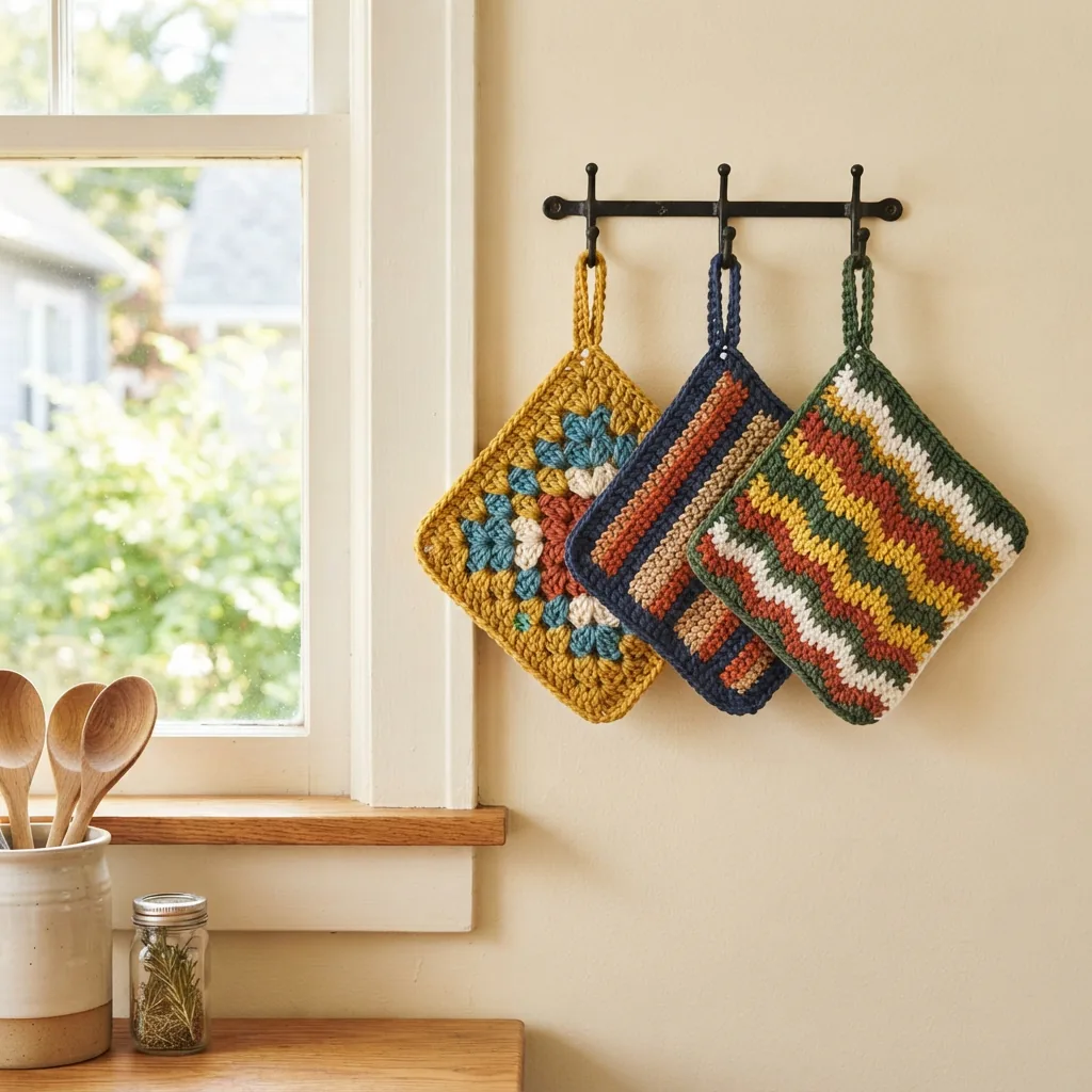 A set of colorful, handmade cotton pot holders hanging from hooks in a sunny kitchen.