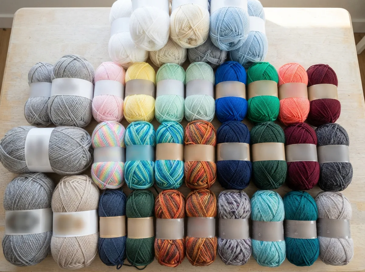 An organized display showing different Snuggly Wuggly yarn types and colors.