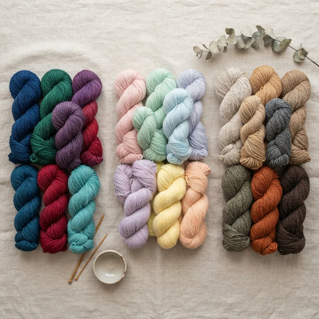 Three distinct collections of punch needle yarn: jewel tones, pastel dreams, and earthy neutrals.