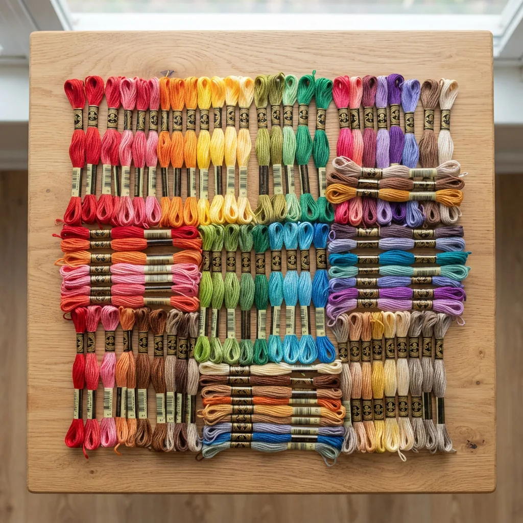 Skeins of colorful 100% cotton embroidery floss arranged on a wooden crafting table.