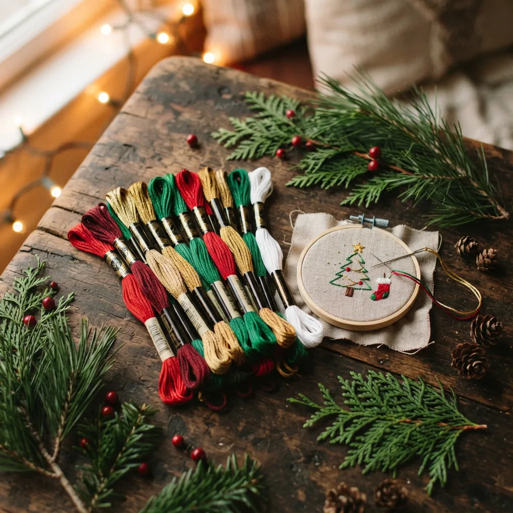 The Loops & Threads Holiday Embroidery Floss Assortment with red, green, and gold skeins.