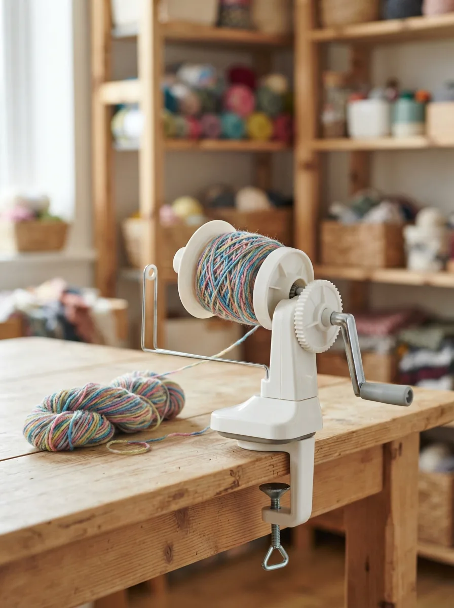 The white and steel hand crank yarn winder from Loops & Threads, shown ready to use on a craft table.