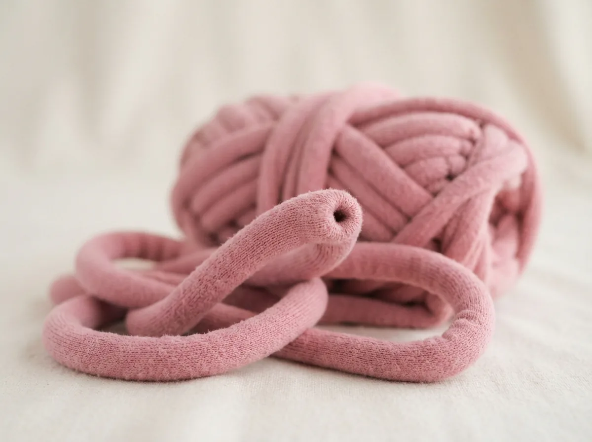 A focused shot of Cuddle Craft Tube Yarn, highlighting its unique tube structure.