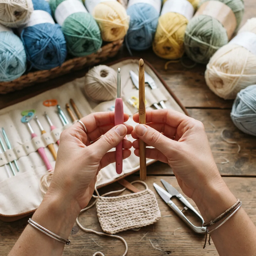 A person's hands holding the components of a crochet kit, comparing yarn weight and hook size.
