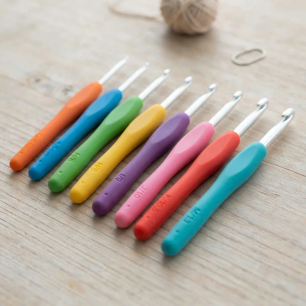 Assorted Ergonomic Aluminum Crochet Hook Set with rubber grip handles.
