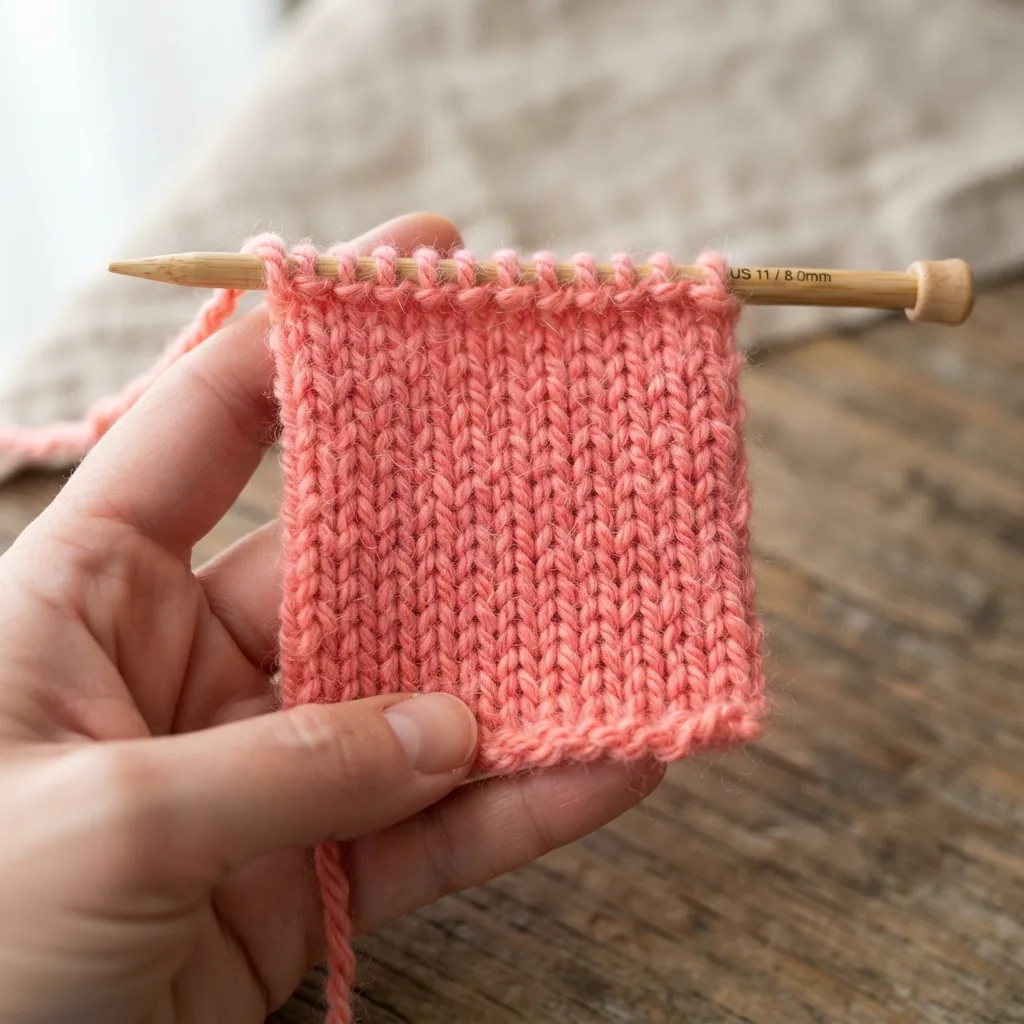 A hand holding a small, square knitted gauge swatch made from the yarn.
