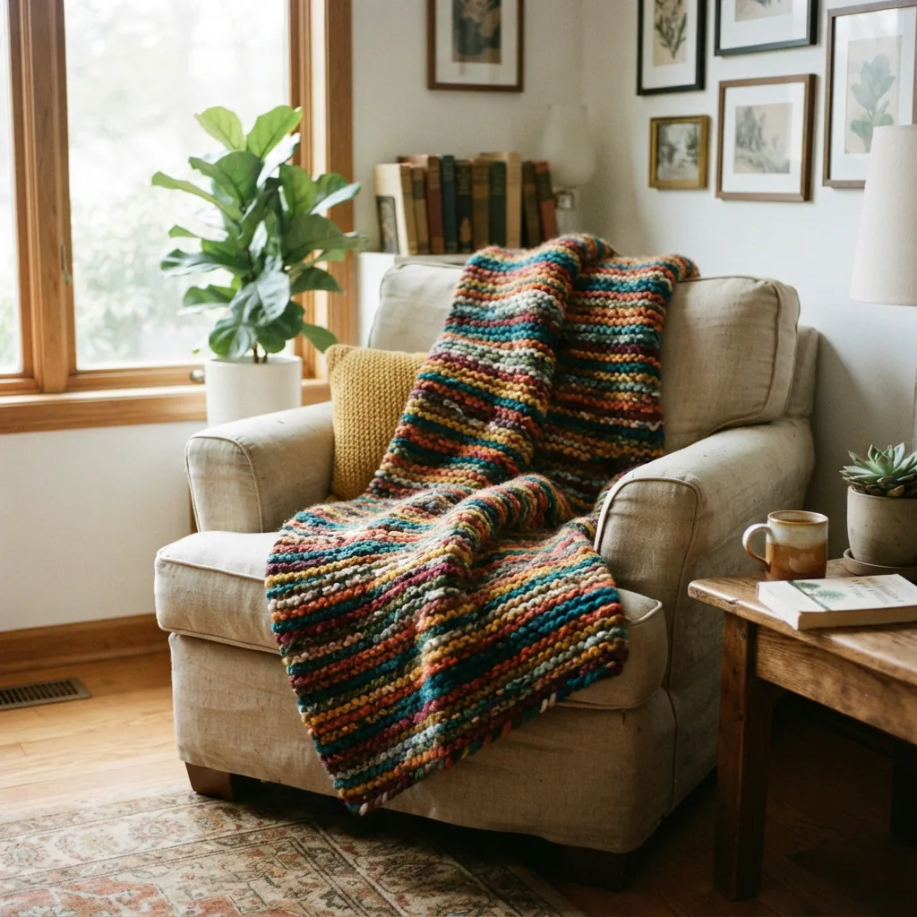 A cozy living room corner with a handmade Impressions yarn blanket draped over an armchair.