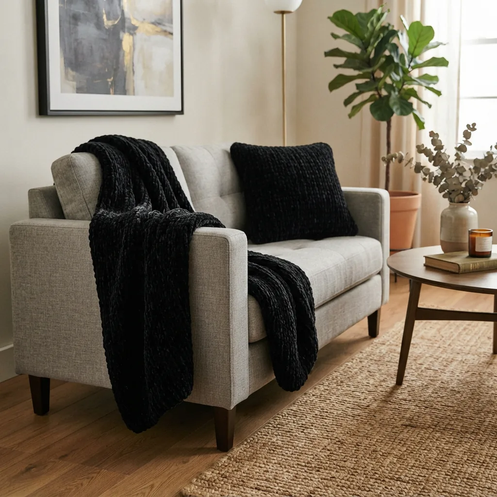 A cozy black knitted throw blanket is draped over the arm of a modern sofa.