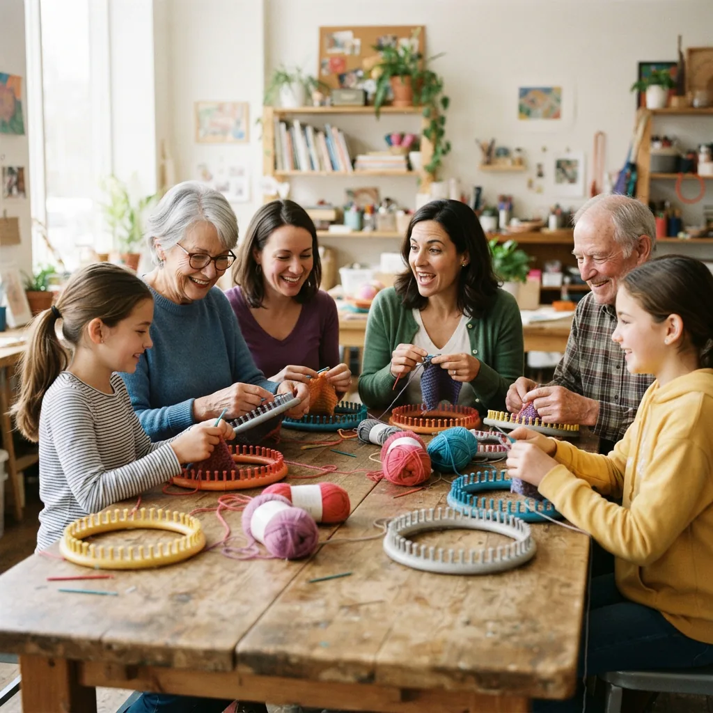 A group of people sitting around a table, each working on their own knitting loom project.