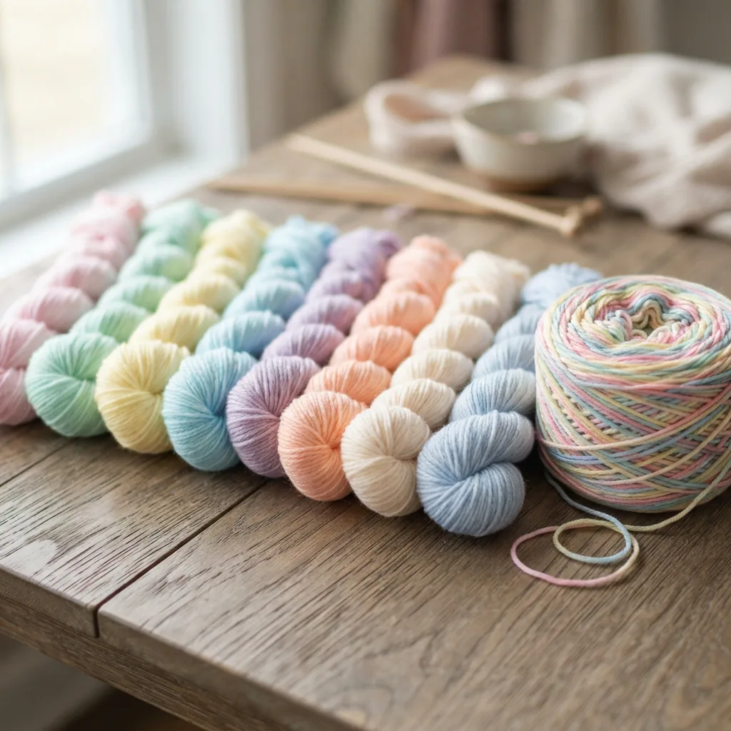 A palette of solid-colored yarn skeins arranged next to a variegated yarn cake.