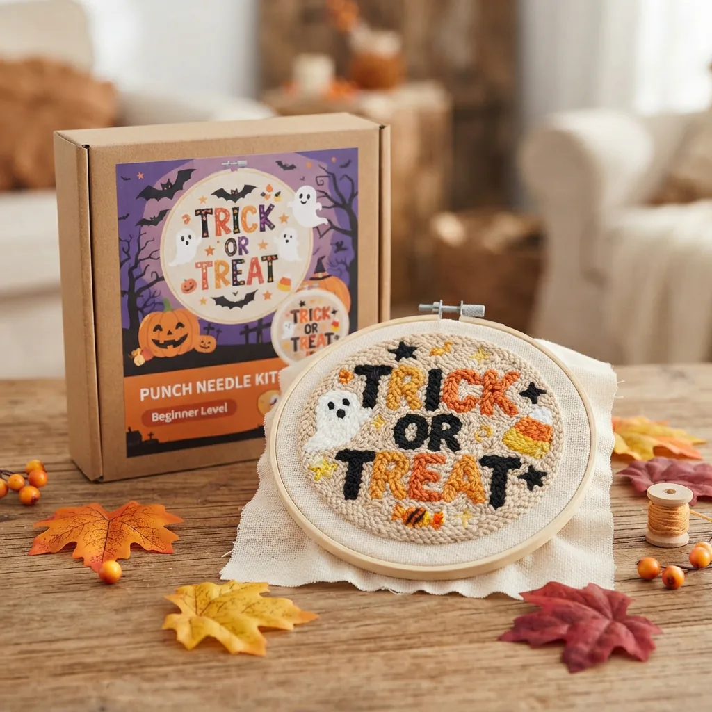 The Loops and Threads Punch Needle Kit for the Trick or Treat design, displayed with the completed, colorful text project.