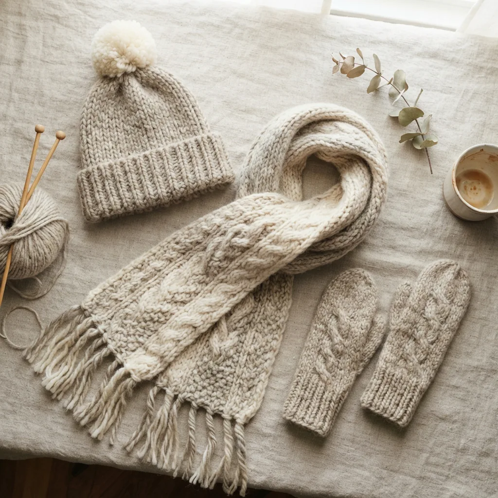 A flat lay of several finished knitted accessories in coordinating colors: a hat, scarf, and mittens.