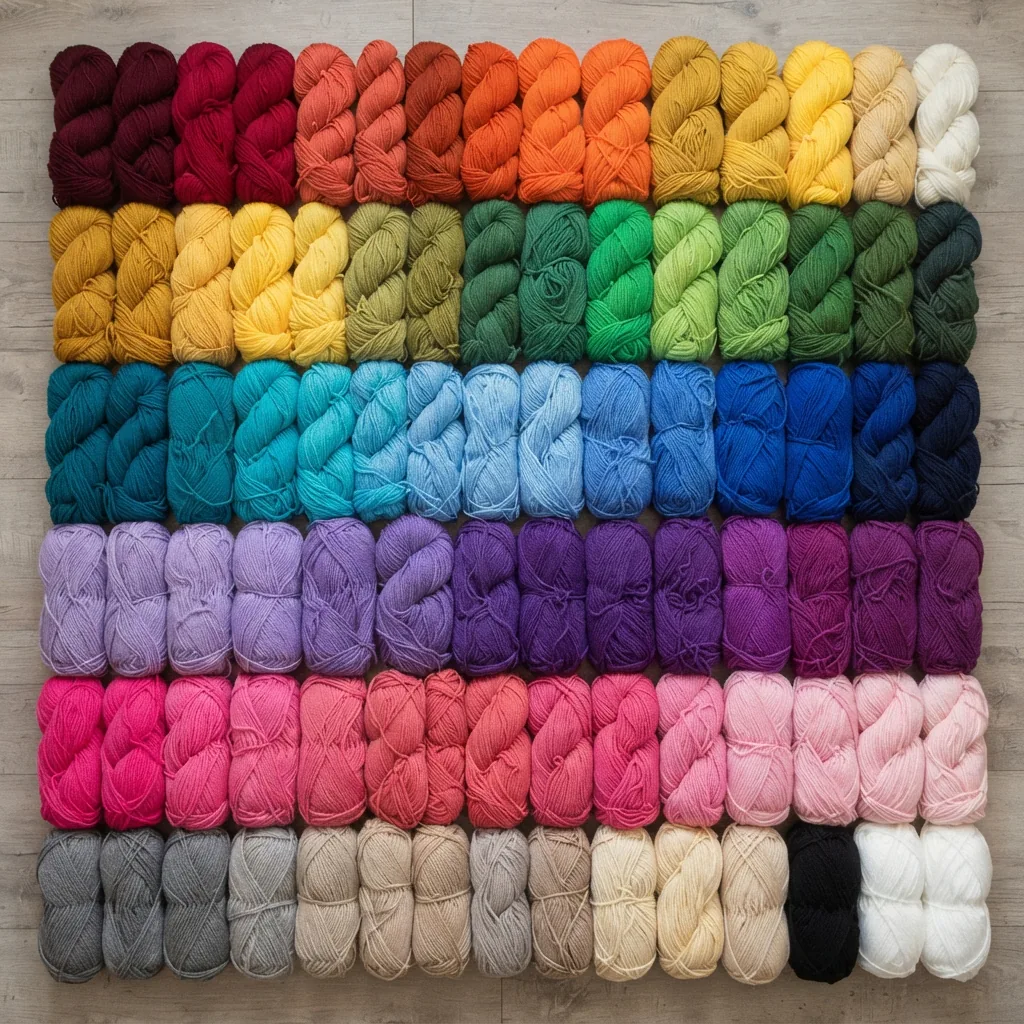 A wide array of yarn skeins arranged by color, showing a rainbow of solid options.