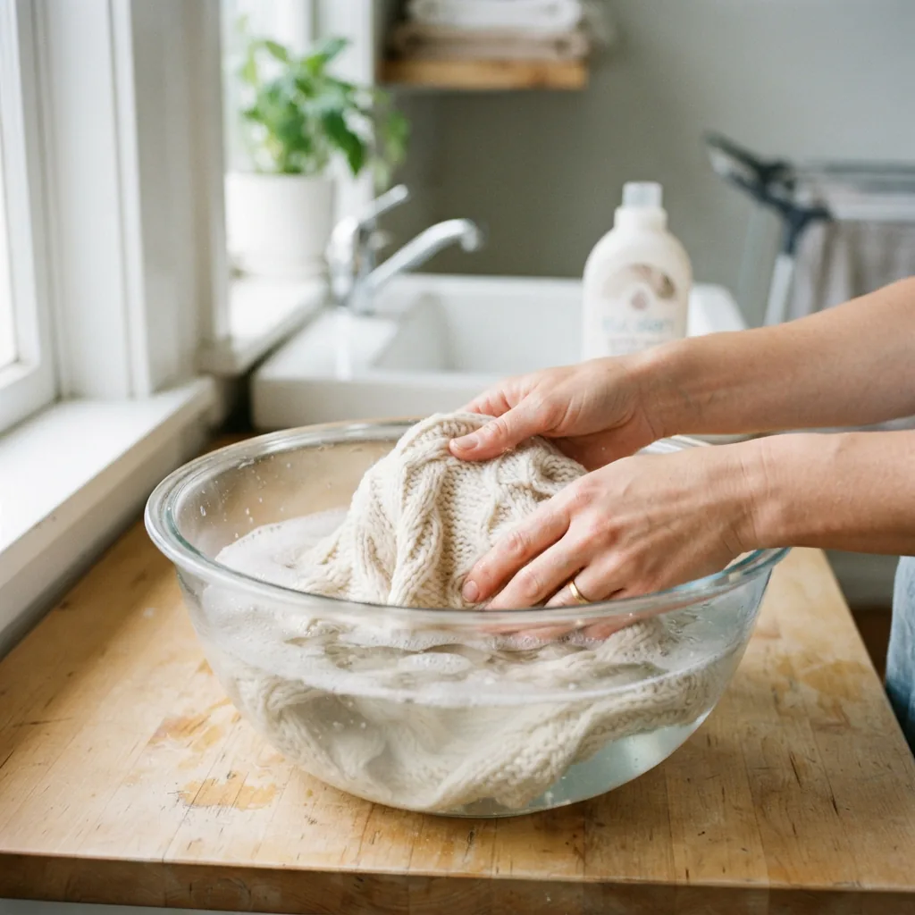 Hands gently washing a knitted item made from Crème Cotton yarn in a basin of cool water.