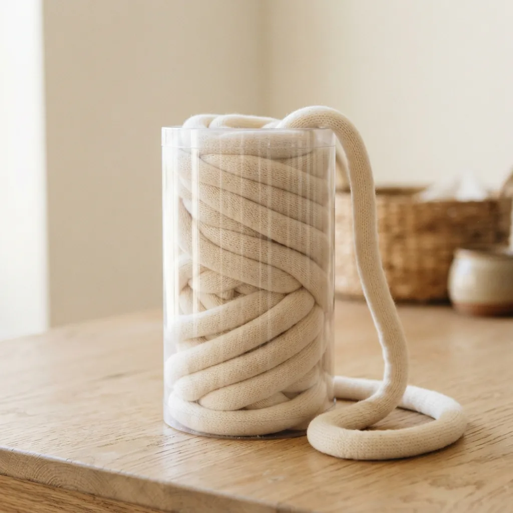 The Cuddle Craft Tube yarn in its tube packaging, showing the yarn inside.