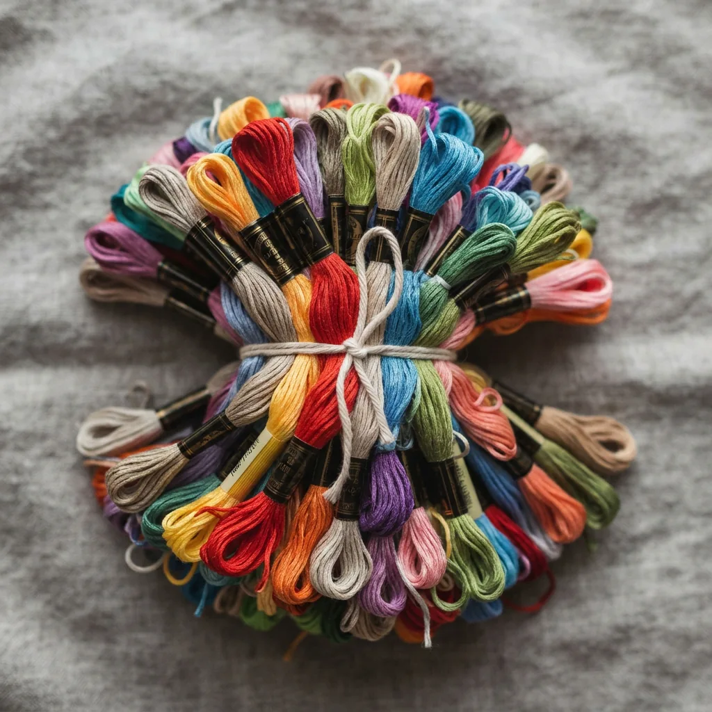 A large assortment of Loops & Threads cotton embroidery floss skeins bundled together.