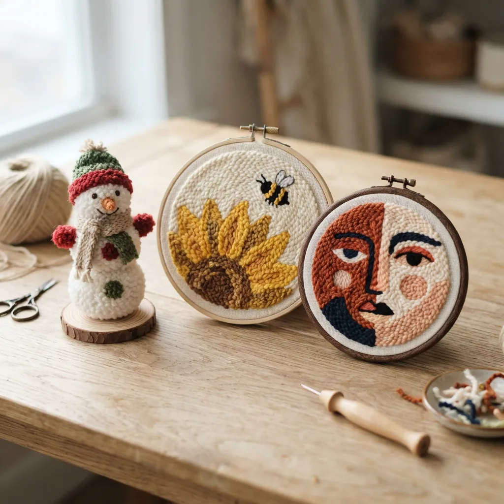 A collection of completed punch needle projects displaying different design themes, from a seasonal snowman to a modern abstract face, arranged on a craft table.